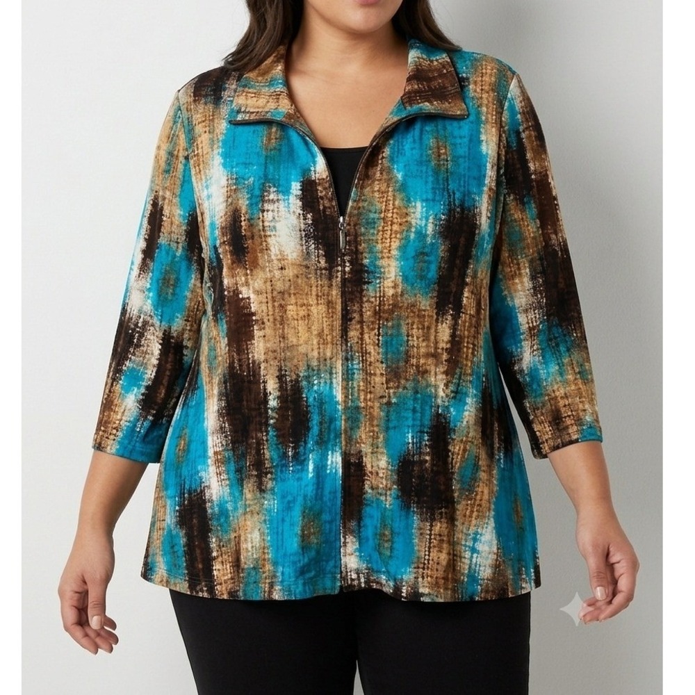 Full Zip Blouse 3/4 Sleeve Slinky Blue Brown Artsy Eclectic Abstract Print 2X